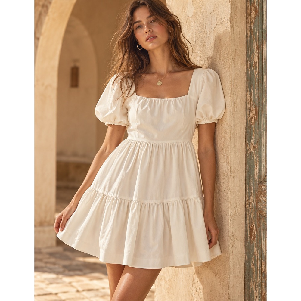 Gianni Bini Mini Dress Women Sz S White Tiered Square Neck Puff Sleeve Milkmaid